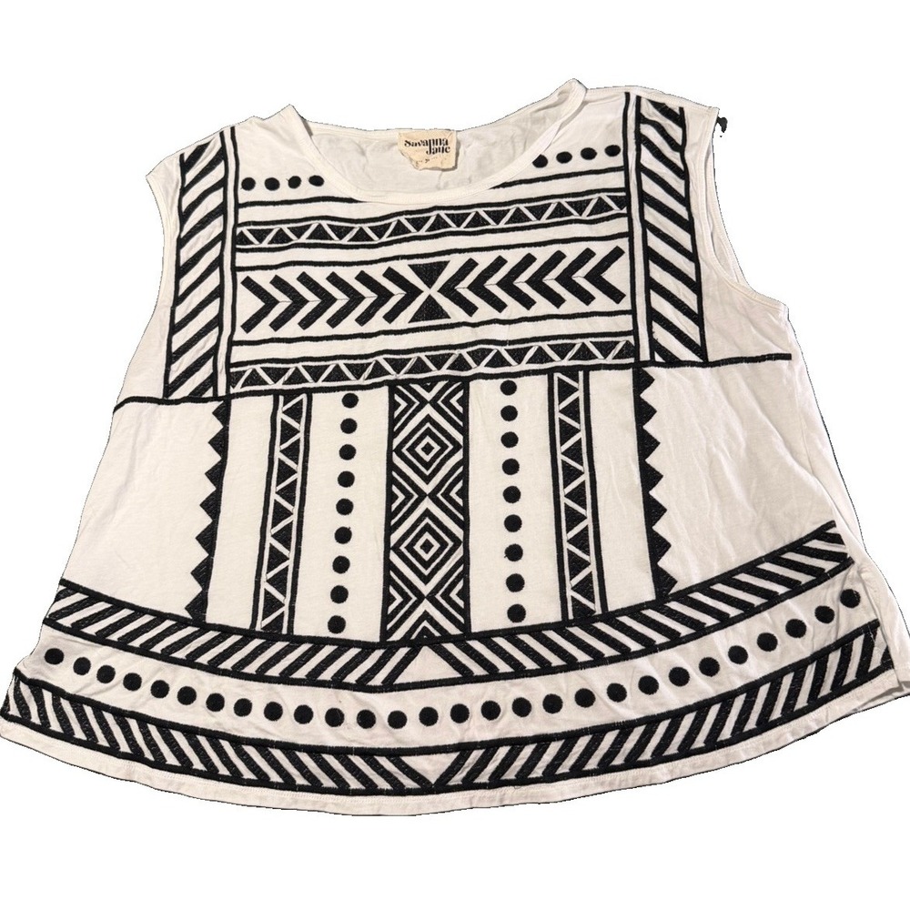 Savanna Jane Boho Geometric Embroidered Sleeveless Top Black & White 2x Cotton